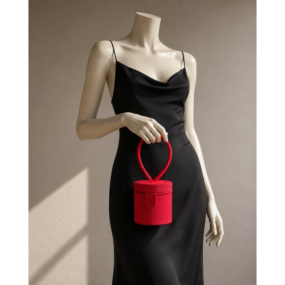 Sasha Red Grosgrain Cylinder Handbag Top Handle Drum Bag with Crossbody Strap